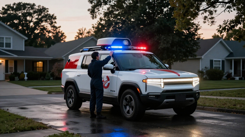 Rivian Turned An R1S Into A Ghostbusters Ecto-1—Sirens, Radar Dish, And All. It Rules